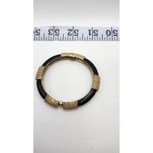 Black Enamel Bangle Bracelet‎ Gold Tone Hinged Textured Panels Statement